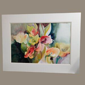 Vintage Signed Watercolor Floral Painting, Lynn Lewis Matted Fused Flowers 28x21